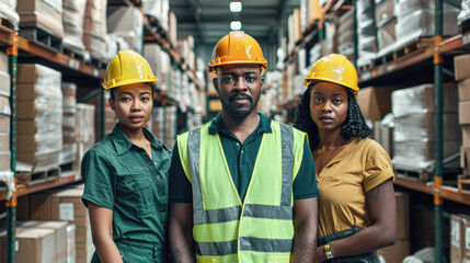 Three people wearing safety gear stand in a warehouse