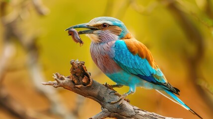 Obraz premium Indian Roller Bird with Prey in its Beak