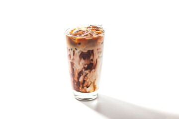 Ice mocha serving with milk chocolate on white background with isolated concept.