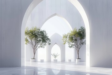 Fototapeta premium Minimalist white archway with trees and modern architecture celebrating islamic new year