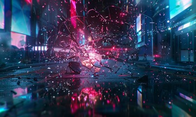 Futuristic sci-fi scene with fractured holographic interface, digital chaos in cyberpunk style