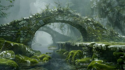 Naklejka premium Enchanting moss covered stone bridge spanning a secluded stream in a lush misty forest glade with a sense of ancient weathered charm and a touch of mystery 