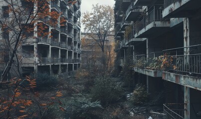 Abandoned apartment complex with crumbling balconies and overgrown gardens, urban wilderness