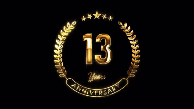 13th Anniversary Celebration. Happy 13 Years Anniversary Animation in Gold Color on the Transparent Background, Alpha Channel. Great for greetings, celebrations, events, and gifts.
