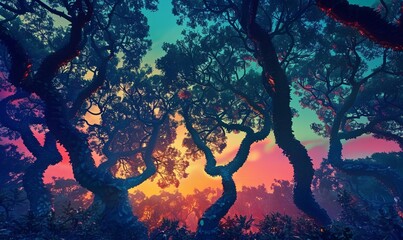 Fototapeta premium Magical forest where trees grow upside-down, leaves shimmering in iridescent tones, sky glowing with twilight colors