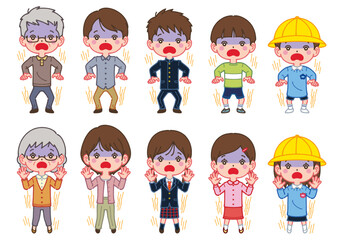 驚く、怖がるポーズ・家族・親子三世代