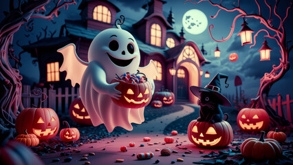 Illustration of a happy ghost holding a pumpkin full of candy, accompanied by a black cat wearing a witch hat, surrounded by illuminated pumpkins in front of a decorated house on a Halloween night wit