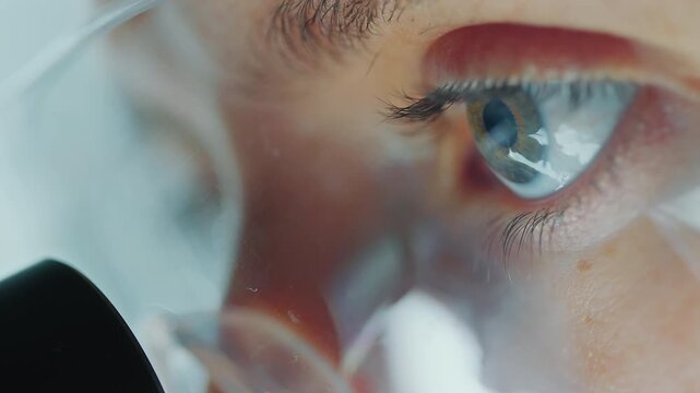 Macro shot of eyes of female laboratory technician wearing protective glasses looking into microscope during scientific research