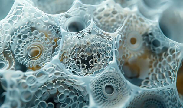 Close-up of diatom algae frustules, capturing intricate silica shells and marine biodiversity