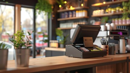 Up-to-date cash register or ordering machine with screen on a table or bar in a store