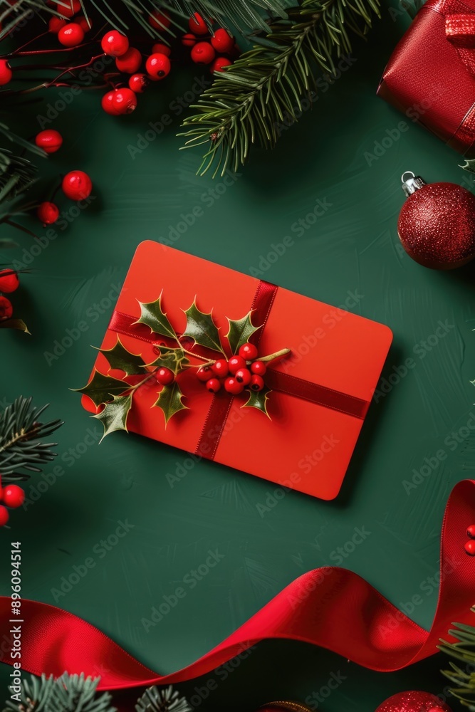 Poster A small red gift box placed on a green table, ready to be opened and enjoyed