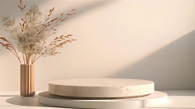 Abstract empty stone podium with luxury beige background. Cosmetic beauty product promotion pedestal