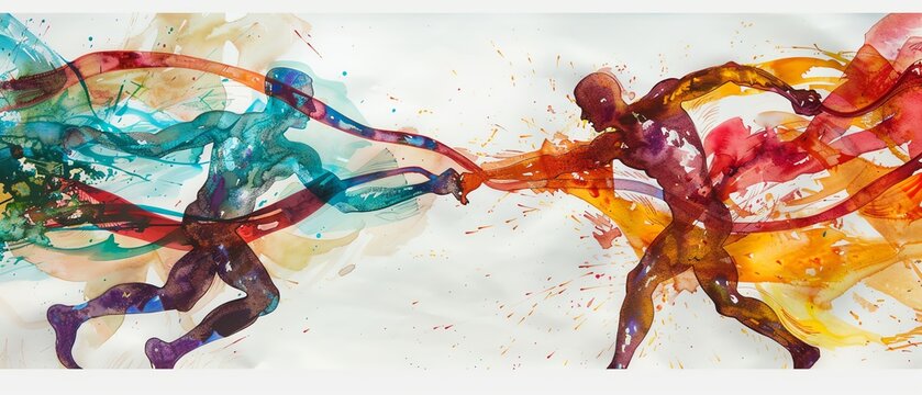 Abstract art of two people exchanging batons intertwined with colorful ribbons, conveying collaboration and teamwork,watercolor