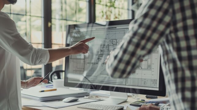 The engineers discussing blueprints