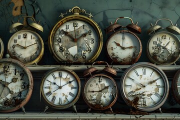 A collection of eerie antique clocks with cracked faces and rusted hands arranged on a dusty mantelpiece The clocks all show different times adding to the unsettling atmosphere