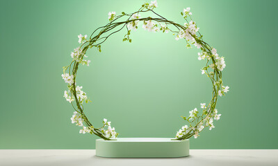 Elegant Vine Podium with Blooming Flowers Centered in Soft Green Glowing Setting
