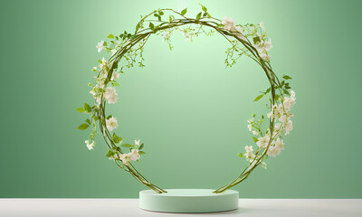 Empty Podium Made of Vines and Flowers with Ethereal Light Green Backdrop
