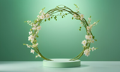 Podium of Intertwining Vines and Blooming Flowers Against Light Green Glow
