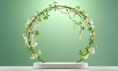 Minimalist Light Green Background with Podium of Intertwining Vines and Flowers
