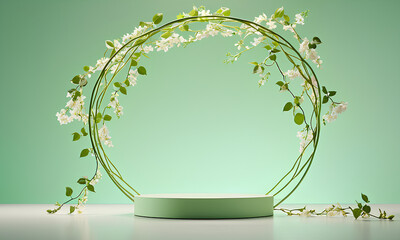 Delicate Flower and Vine Podium in Front of Soft Green Ethereal Glow
