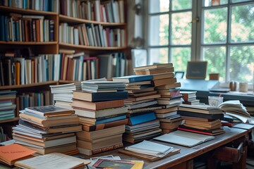 Pile of old books on a wooden table in a library.