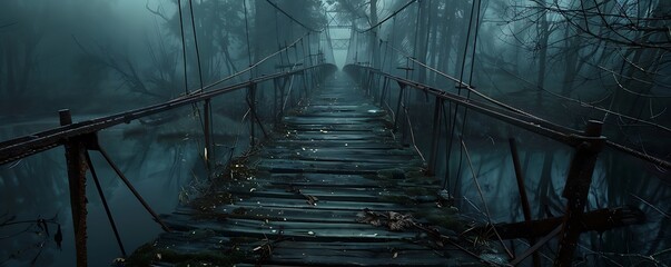A spooky abandoned bridge with rusted railings and rotting wooden planks spanning a dark foggy river The bridge seems to lead into the unknown adding to the sense of dread