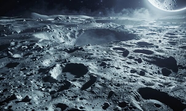 Enigmatic lunar landscape, stark craters under an alien sky. Anomalies hint at lunar bases and ancient civilizations, a cosmic puzzle awaiting exploration