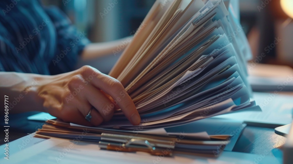 Aufkleber a person sits at a table with a stack of papers in hand, ready to work or study
