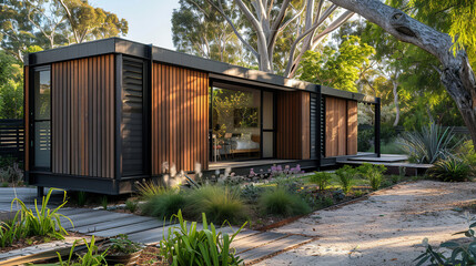 award-winning rectangular one-bedroom studio home, minimalist style, contemporary architecture, natural color palette, vertical timber cladding on facade, black metal door and window frames, Australia