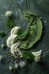Beautifully arranged nettle powder, pumpkin seeds and thick white cream that together form a curved shape like voluminous hair, just like a single beautifully draped nettle leaf