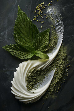 Beautifully arranged nettle powder, pumpkin seeds and thick white cream that together form a curved shape like voluminous hair, just like a single beautifully draped nettle leaf