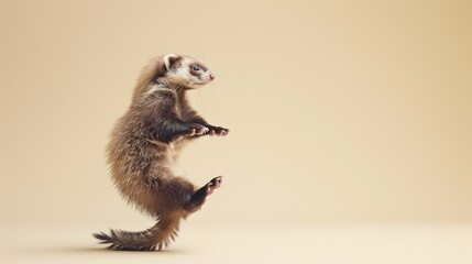 Fototapeta premium Playful ferret jumping mid-air against a beige background, capturing the agility and joy of this energetic pet.