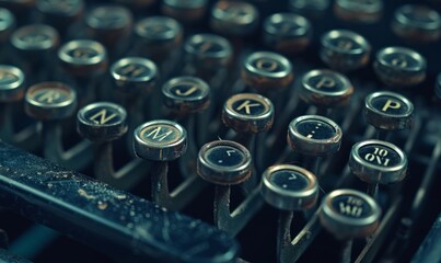 Macro photograph of vintage typewriter keys, highlighting mechanical details and nostalgic design