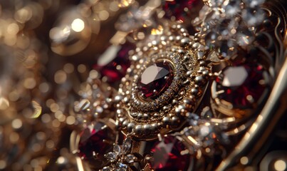 Macro shot of intricate jewelry craftsmanship, capturing gemstone facets and metallic details