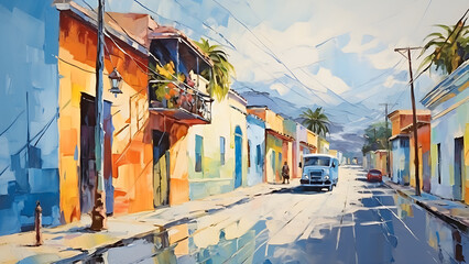 Mexico Street - Painting, Gouache, street, colorful, buildings, painting, art, urban, houses, architecture, sidewalk, road, landscape, cityscape, sunshine, tropical, vibrant, exterior