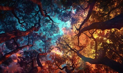 Magical forest where trees grow upside-down, leaves shimmering in iridescent tones, sky glowing with twilight colors