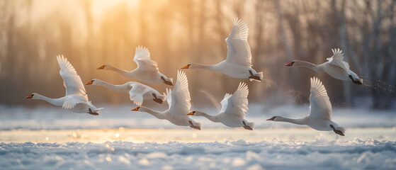 Fototapeta premium 4k Aerial wide view Flocks of birds are flying over the Earth's North Pole Area of Photographs reflect the daily life, heal the world