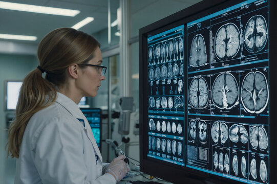 Woman scientist neurologist in hospital a white lab coat is working on a computer with monitors displaying medical images brain patient