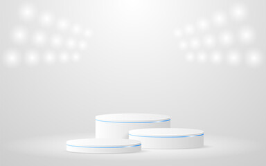 Multi-layered white podium with blue lines and spotlights shining down for product presentation. Display of cosmetic products. Stage or podium. vector illustration
