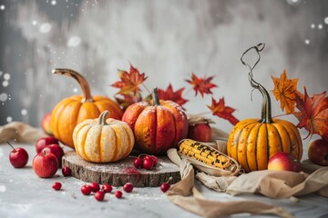 Autumn fall thanksgiving day composition with decorative pumpkins, corn, red apples. Place for text 