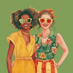 Obraz premium Cheerful women in summer attire and sunglasses on soft green backdrop for trendy summer fashion