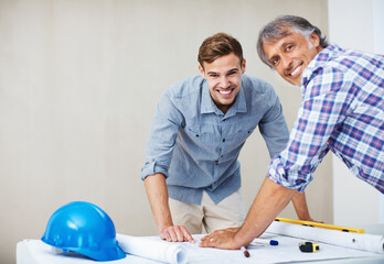 Apprentice, engineer or planning blueprint for portrait, construction, sketch or teaching in...