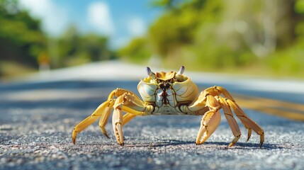 Fototapeta premium A Yellow Crab on a Road in the Sunshine