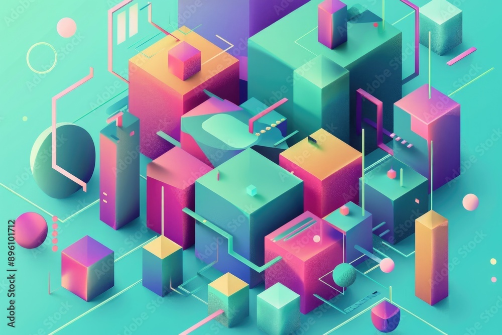 Poster a cluster of vibrant cubes against a calming blue backdrop