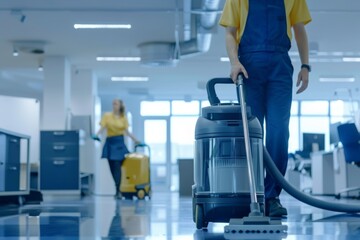 Professional cleaners using vacuum in a spacious office with employees working in the background