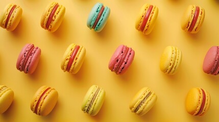 Obraz premium Colorful French macarons arranged in a neat pattern on a bright yellow background. The dessert style is modern and appetizing. Perfect for food blogs, photo stock, or advertising. AI