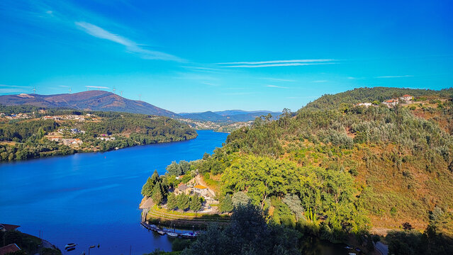 Douro River Valley in Portugal on a sunny summer day. View of the bank of the Douro River, Portugal