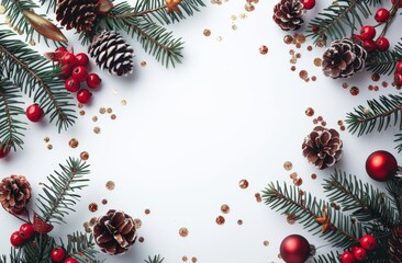 Christmas themed border with pine branches, pinecones, and red ornaments on white background