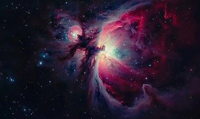 The radiant glow of the Orion Nebula, M42, a stellar nursery where new stars are born amidst clouds of gas and dust, a cosmic oasis of stellar birth