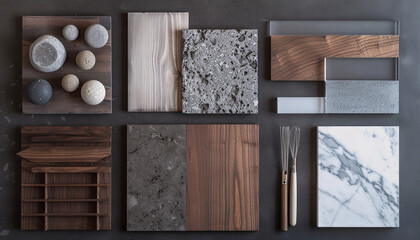 inspiration, interior design, material samples, material moodboard, minimalist, realistic, photographic, dark concrete, walnut wood, Douglas pine wood, glass, white marble